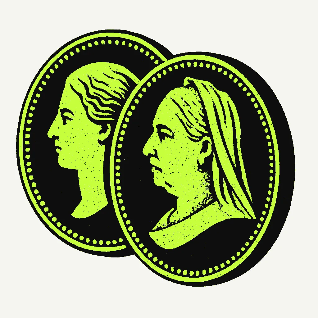 Reading a British penny by the monarch illustration
